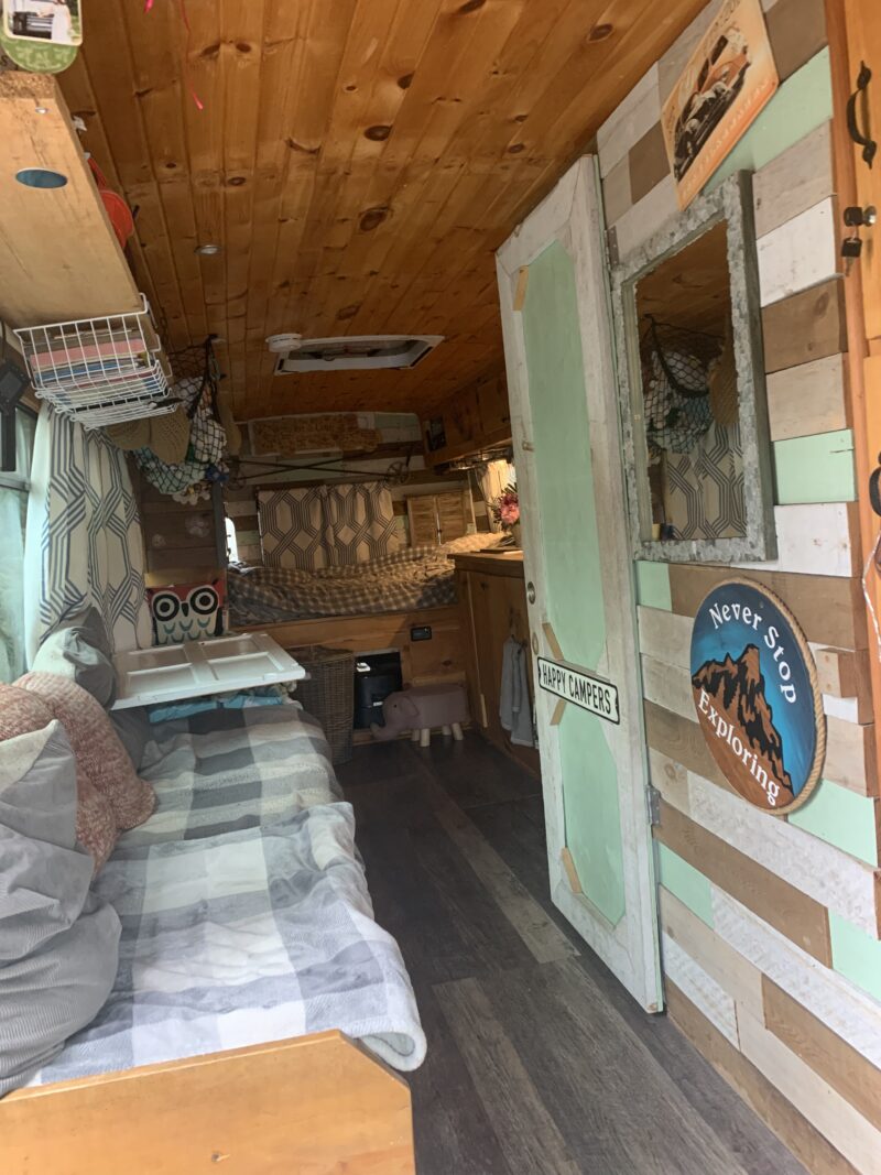 Interior of converted shuttle bus into a home.