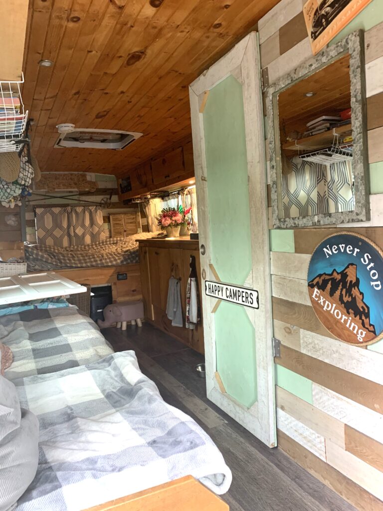 can't live without products in our converted shuttle bus.